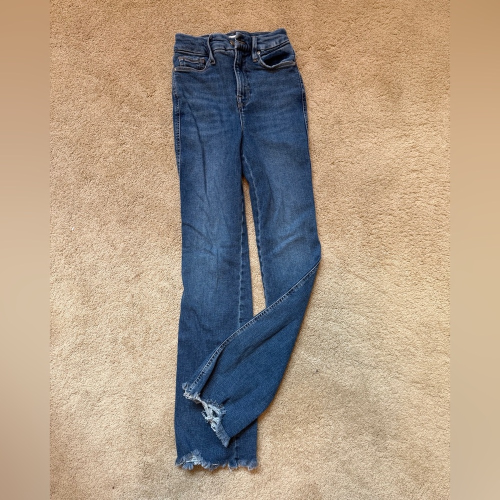 Good American Dark Blue Straight Leg Raw Hem Jeans 0/25